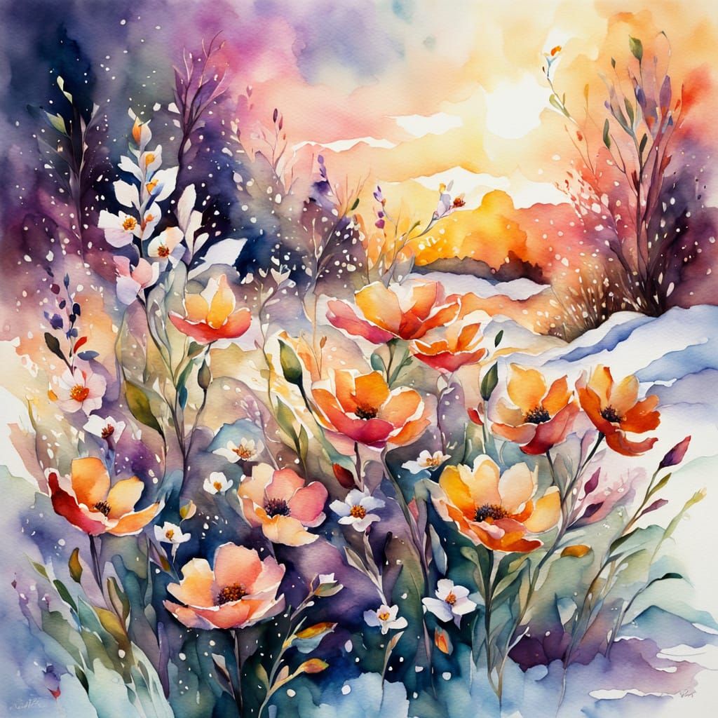 Vibrant Watercolor Blooms in Snowy Whimsy