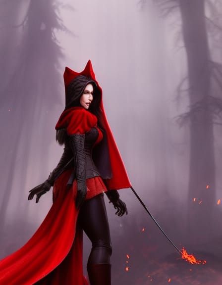 Red Riding Hood with Burning Wolf, Digital Art