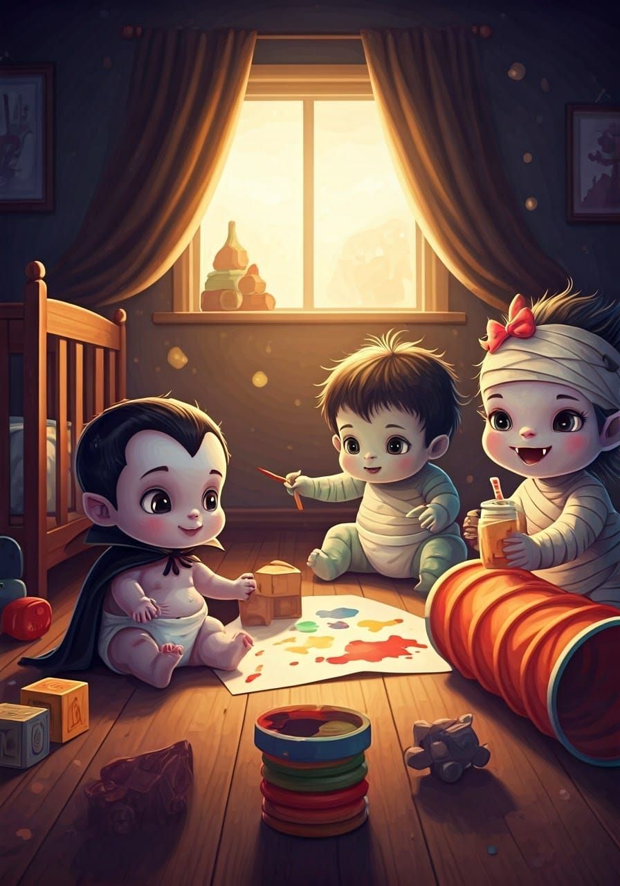 Adorable kindergarten chaos: Famous monsters as babies play together. Baby Dracula builds blocks, toddler Frankenstein's...