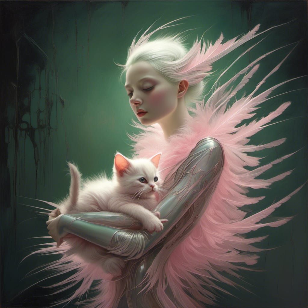 a diaphanous elfin creature holding a kitten
