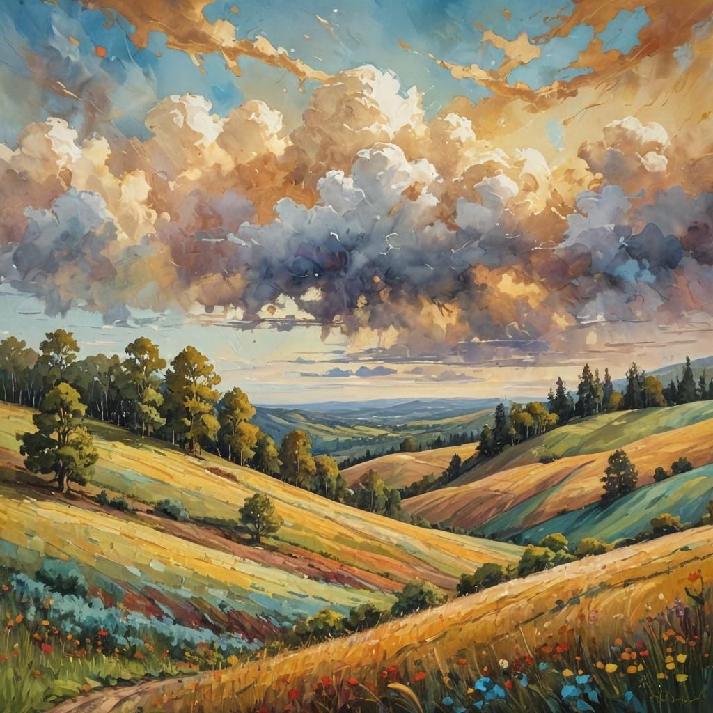 Whimsical Landscape Painting with Impasto Texture