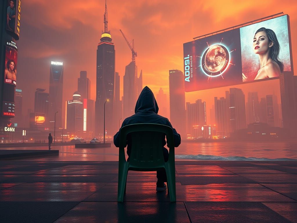 Mysterious Figure in Futuristic Cityscape at Sunset