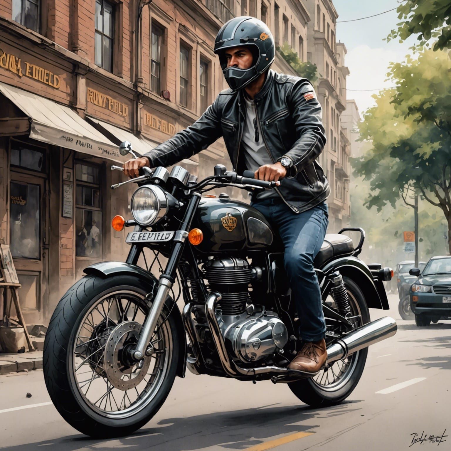Detailed Sketch of Royal Enfield Biker in Watercolor