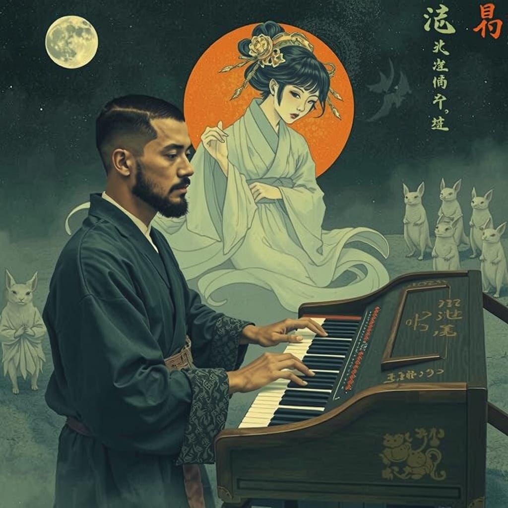 Ethereal Samurai in Liminal Space, Surrounded by Ghostly Vix...