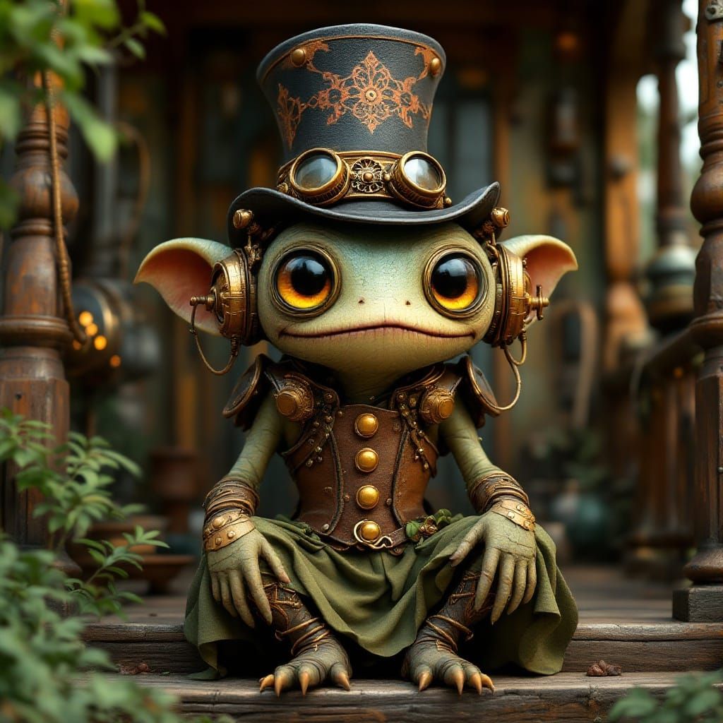 Cute Steampunk Monster with Funny Hat on Porch