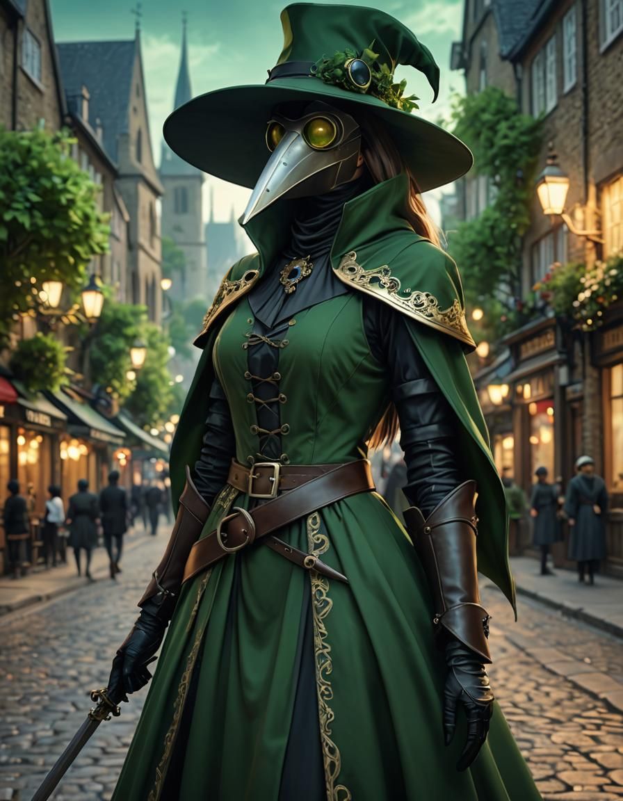 Green Plague Doctor in Medieval London, 3D Anime Art