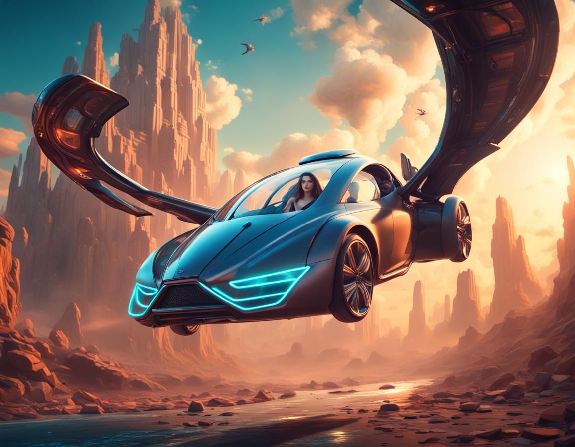 Woman in Flying Car: Detailed Digital Art