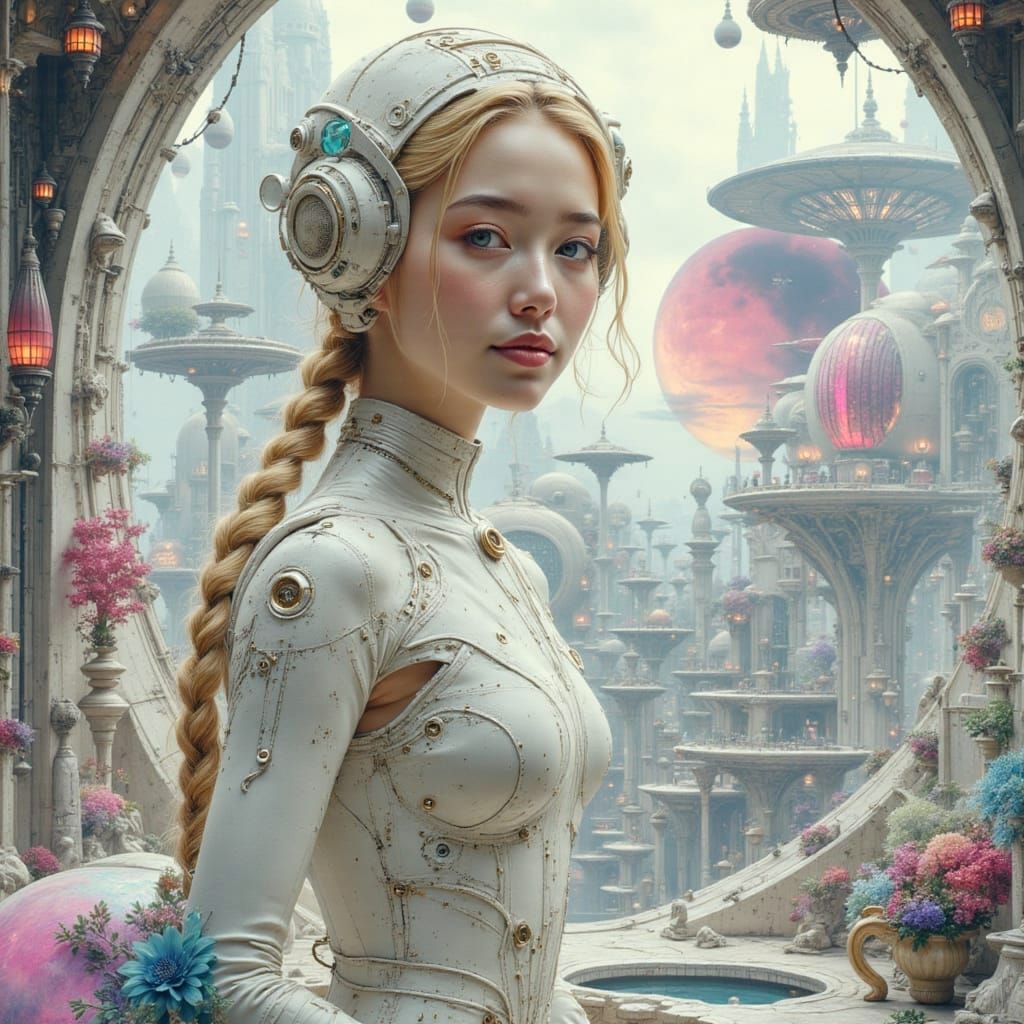 Galactic Woman on Solar-Punk Ship in Oil Painting Style