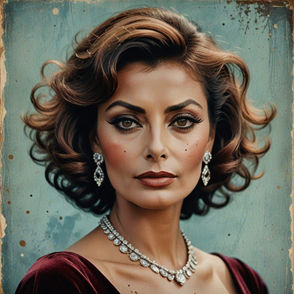 Sophia Loren in Elegant Retro Portrait, Ink Illustration Sty...