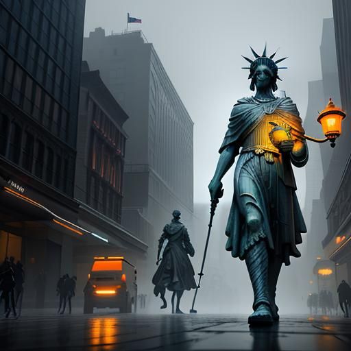 Statue of Liberty with Crutches in Misty New York