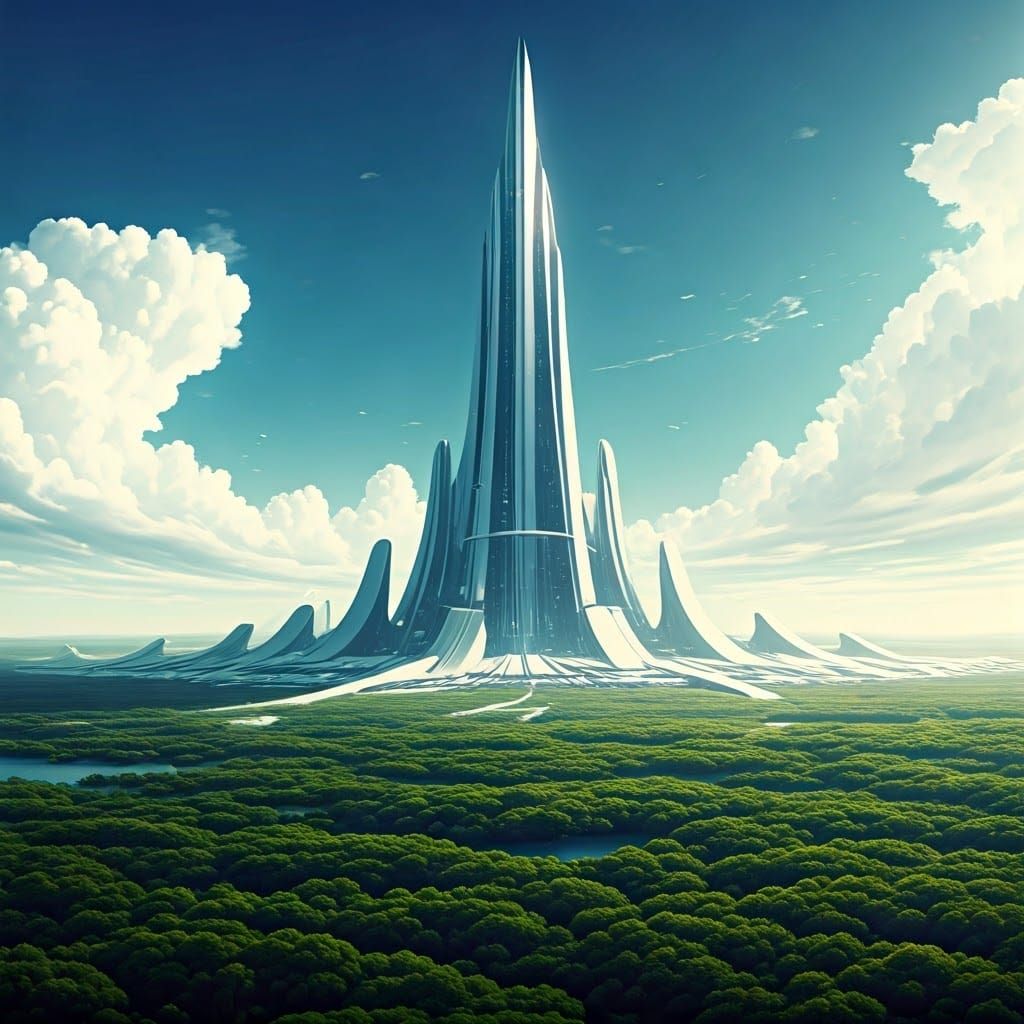 Futuristic Metropolis Rises from Vibrant Green Forest