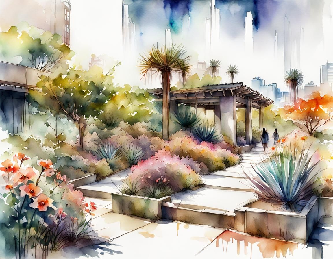 Urban Garden Illustration in Watercolor Style