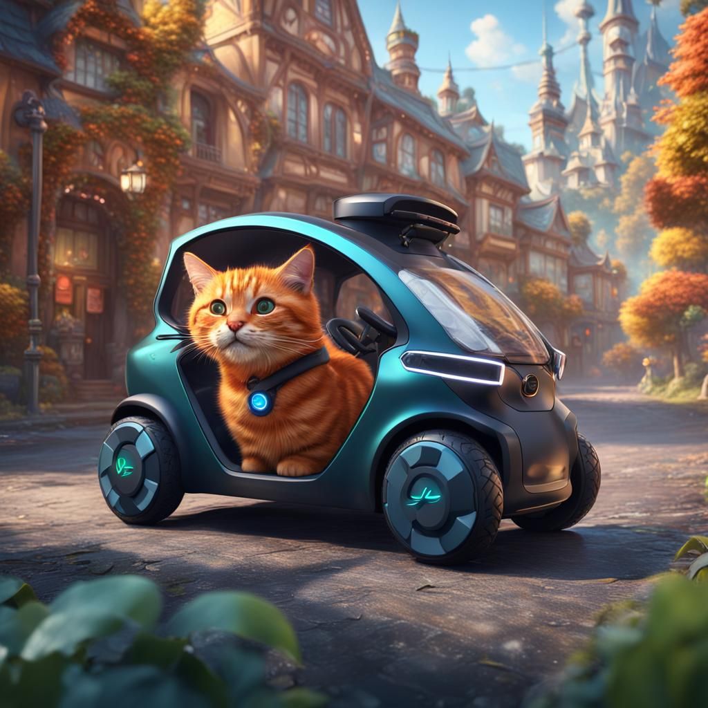 Ginger Cat Drives Electric Vehicle: Digital Art