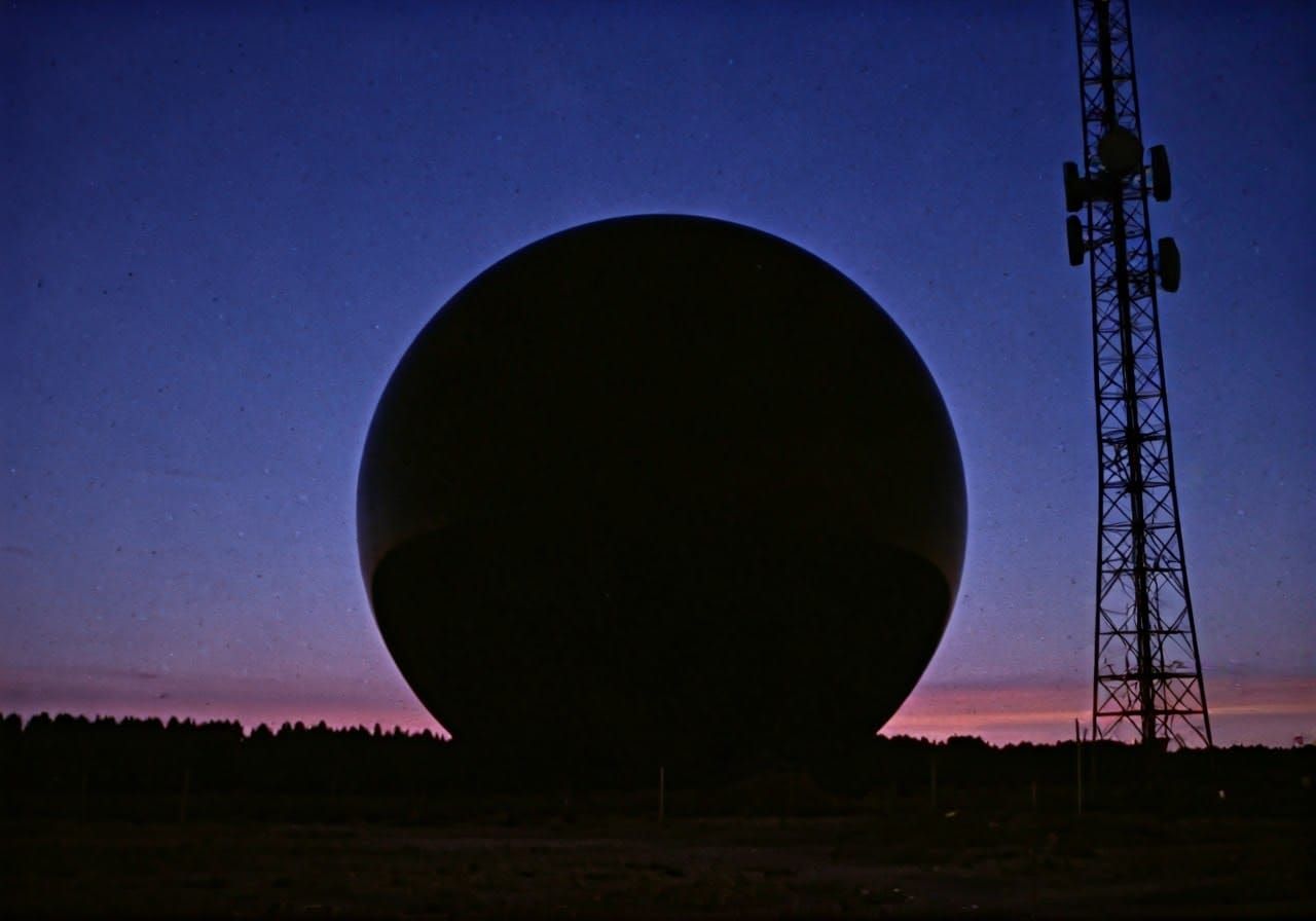 Giant Black Sphere near Radio Tower: 80s VHS