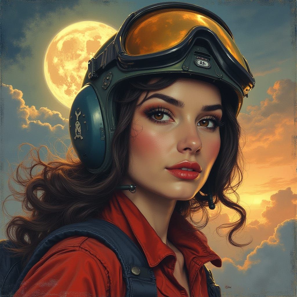 Retro Pin-Up Pilot Portrait in Ink Art