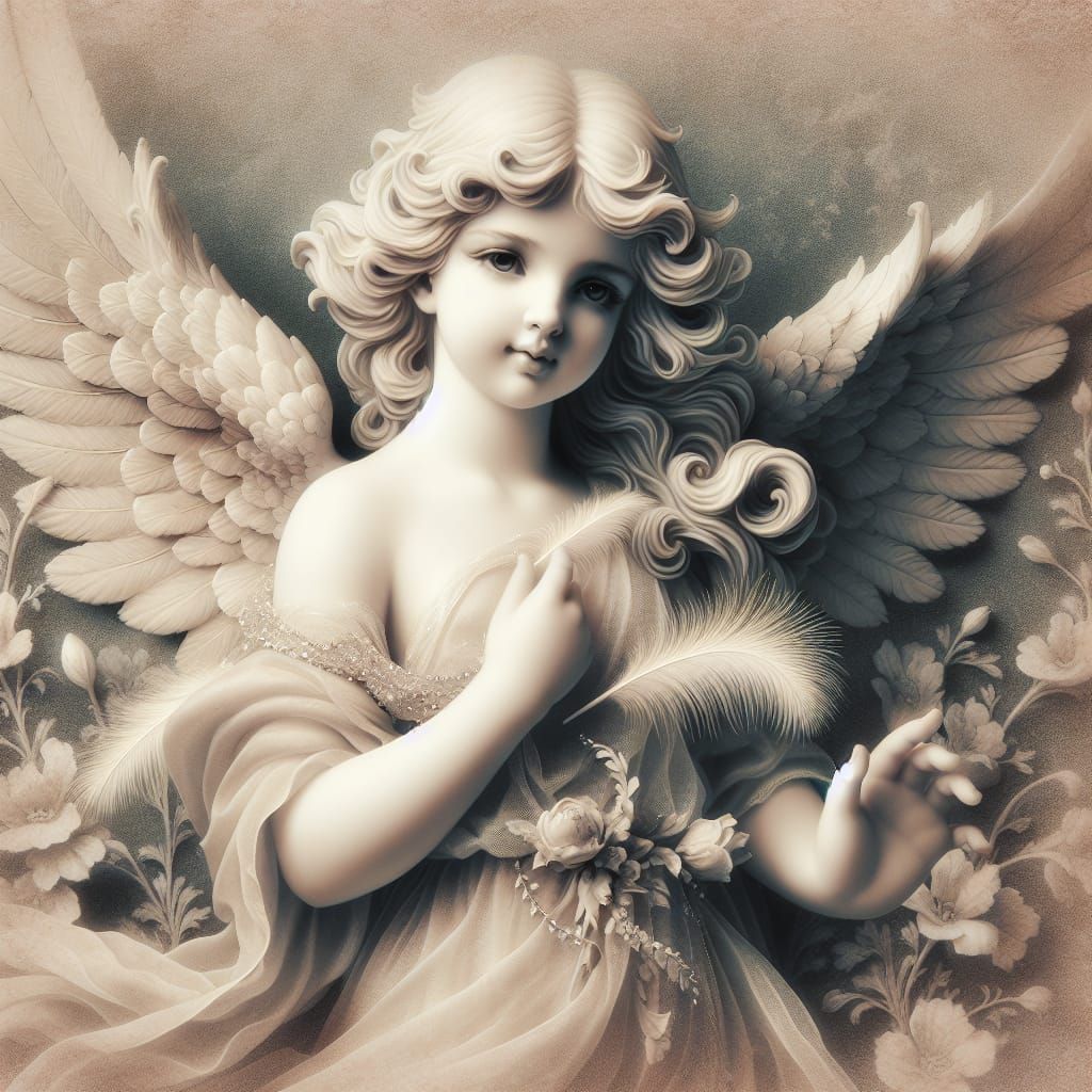 The image of the little angel is full of classical elegance and delicacy.  The cherub is depicted as a girl with perfect proportions, draped..., image size:1024x1024