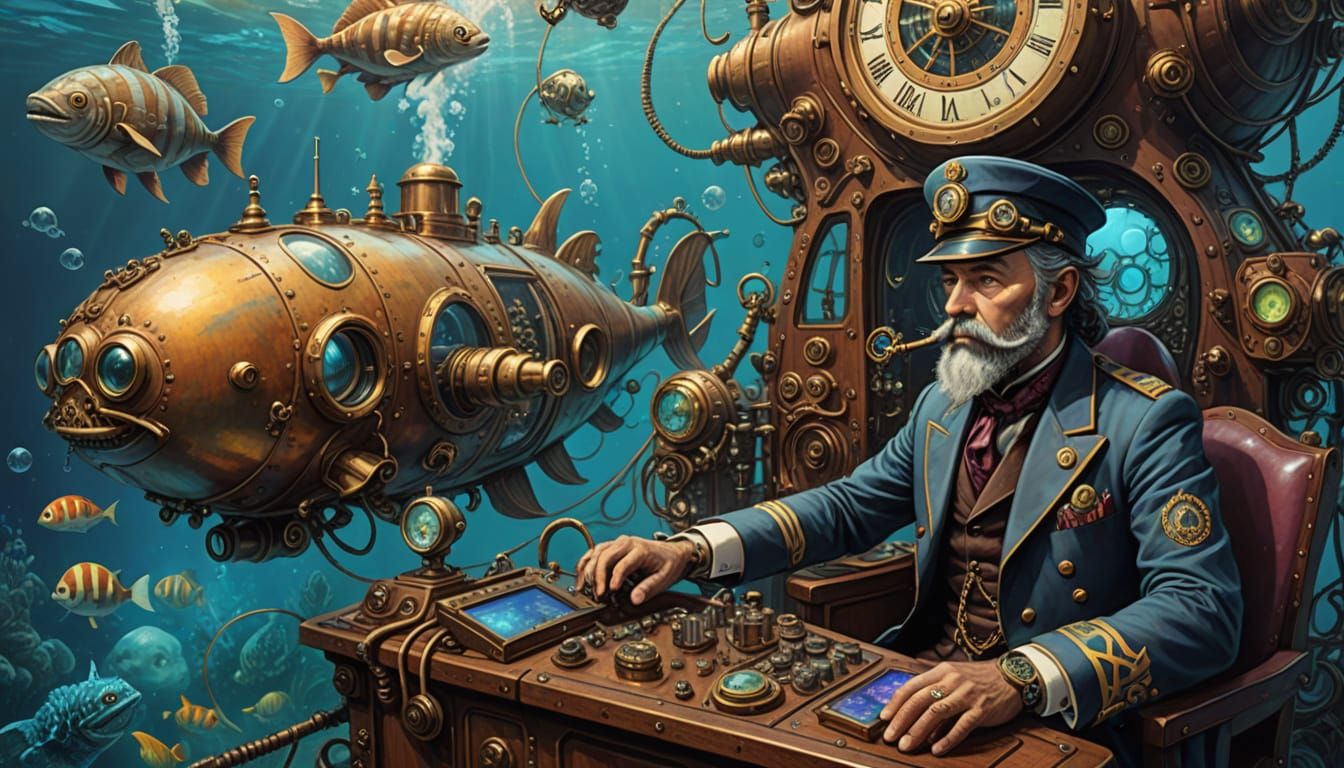 Portrait of Captain Nemo in his Steampunk Nautilus Submarine