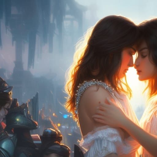 Two Girls Kissing: Neo-Impressionist Engagement Portrait