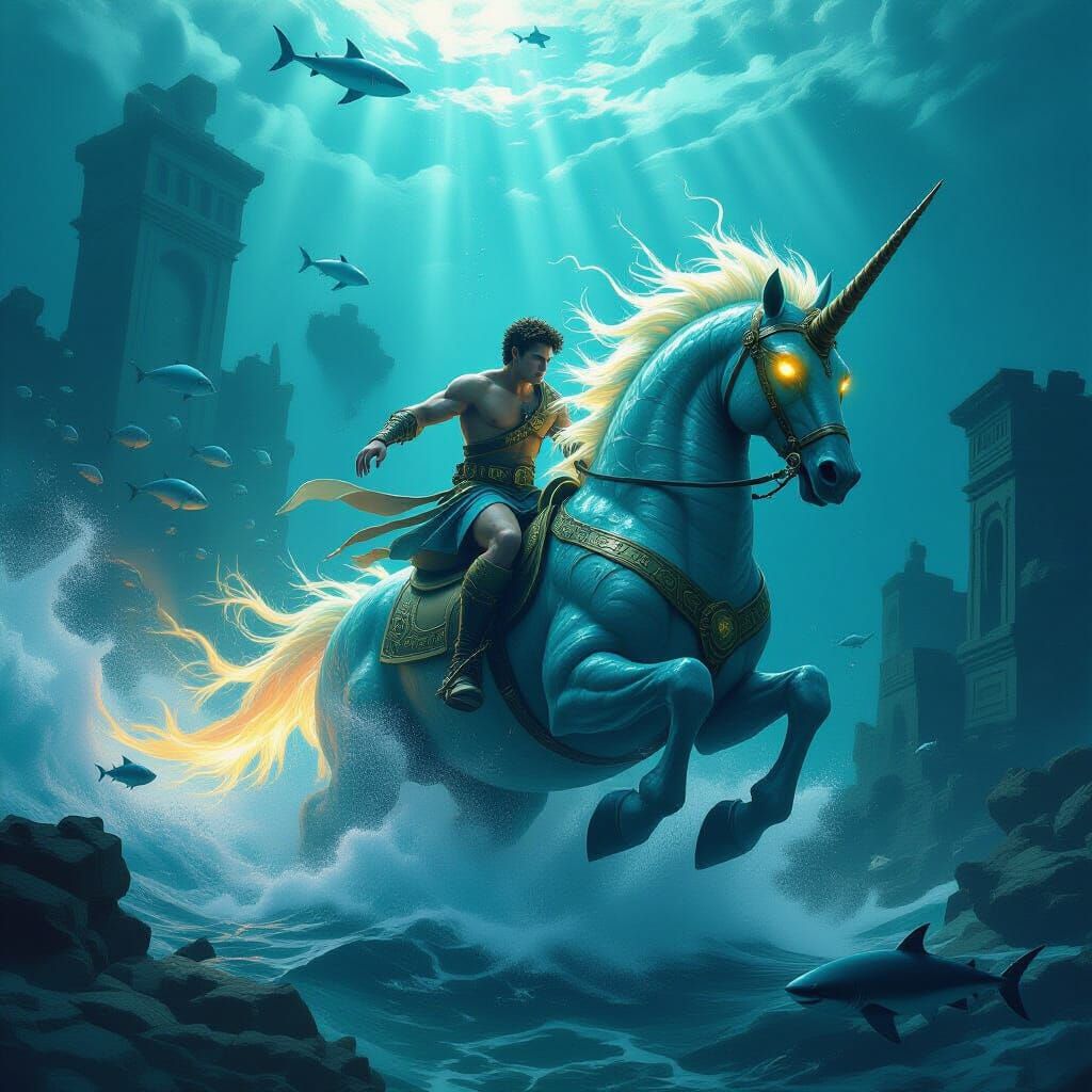 Dark Percy Jackson Rides Colossal Seahorse
