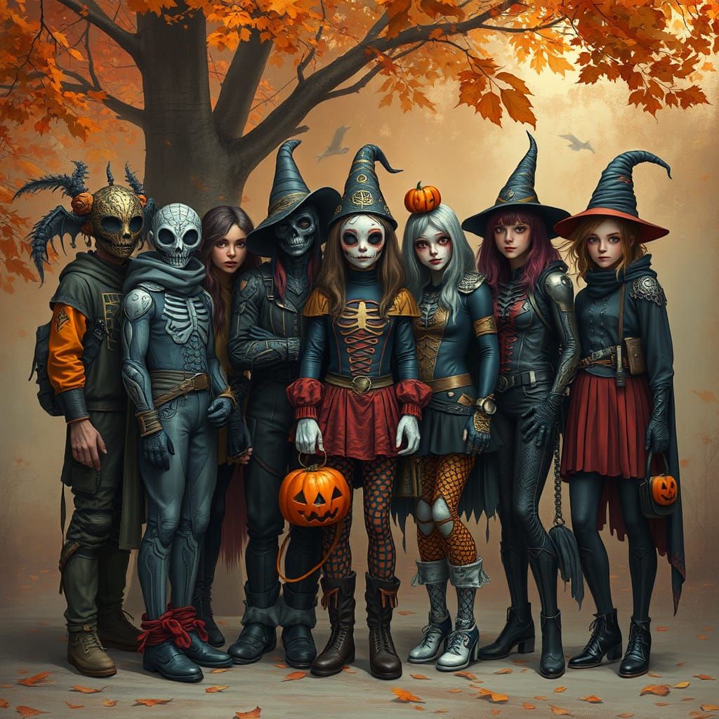 Halloween Friends in Surrealist Autumn Landscape