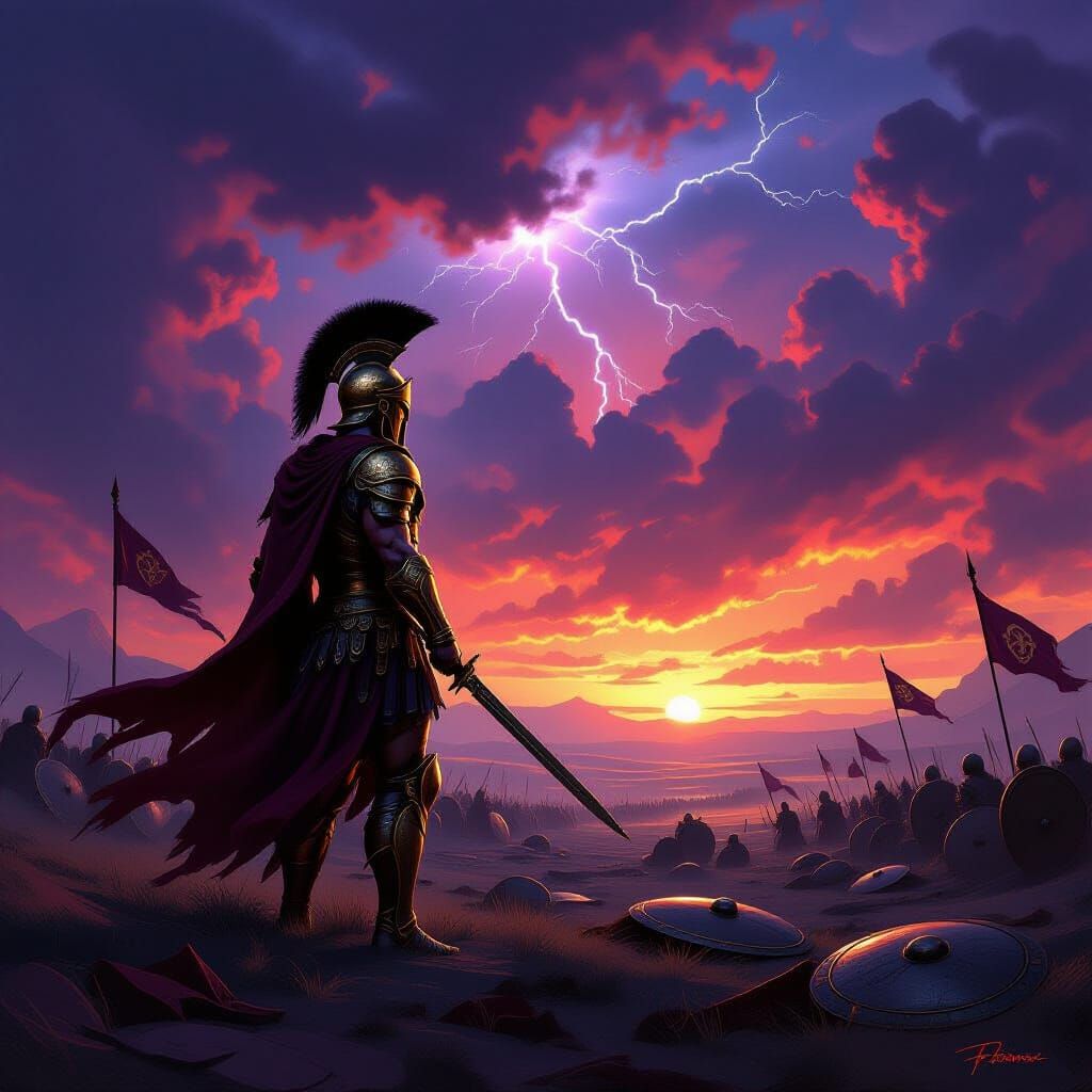Spartan Warrior on Windswept Battlefield at Dusk