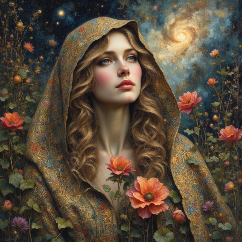 Fractal Goddess in Klimt Style with Flowers and Nebulae