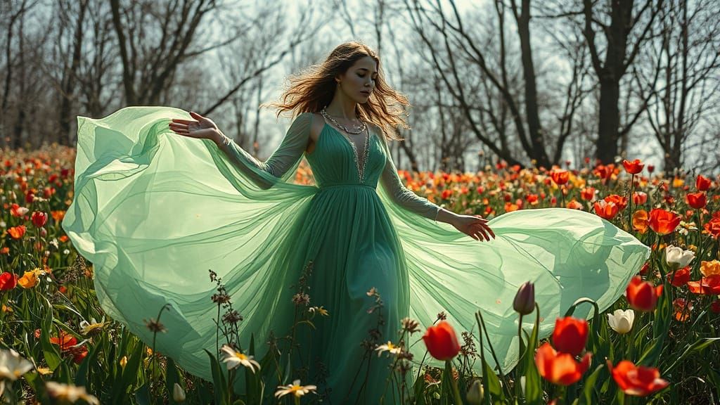 Ethereal Woman in Liquid Opal Attire, Surrounded by Woodland...