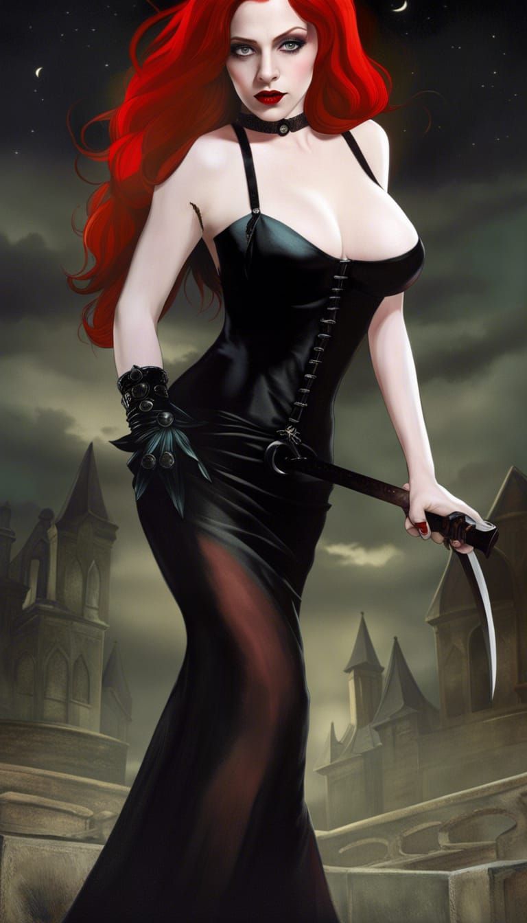 Sad Redhead Vampire with Dagger at Night