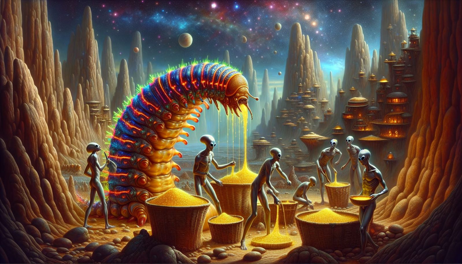 Aliens Harvesting Caterpillar Juices in Rocky Landscape