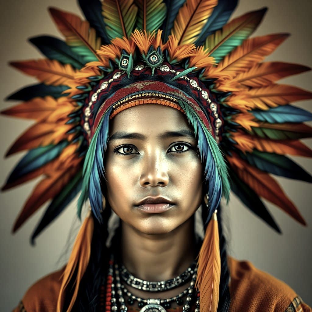 Young Native American Woman with Vibrant Feathers