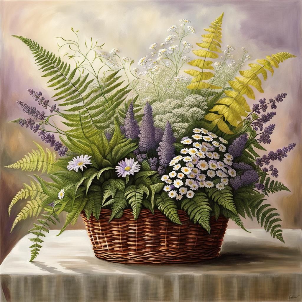 Lush Fern and Floral Basket Watercolor Arrangement