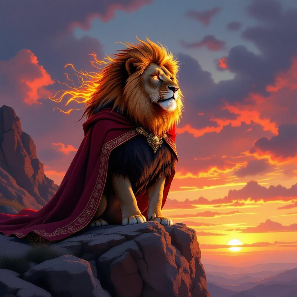 Majestic Lion with Fiery Mane on Cliff at Sunset