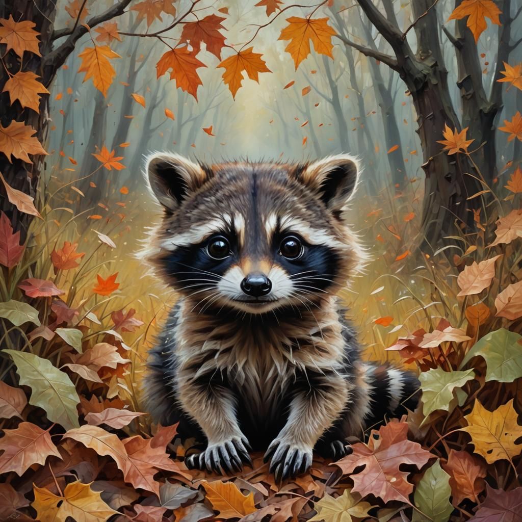 Cute Raccoon in Mystical Autumn Meadow: Fantasy Art
