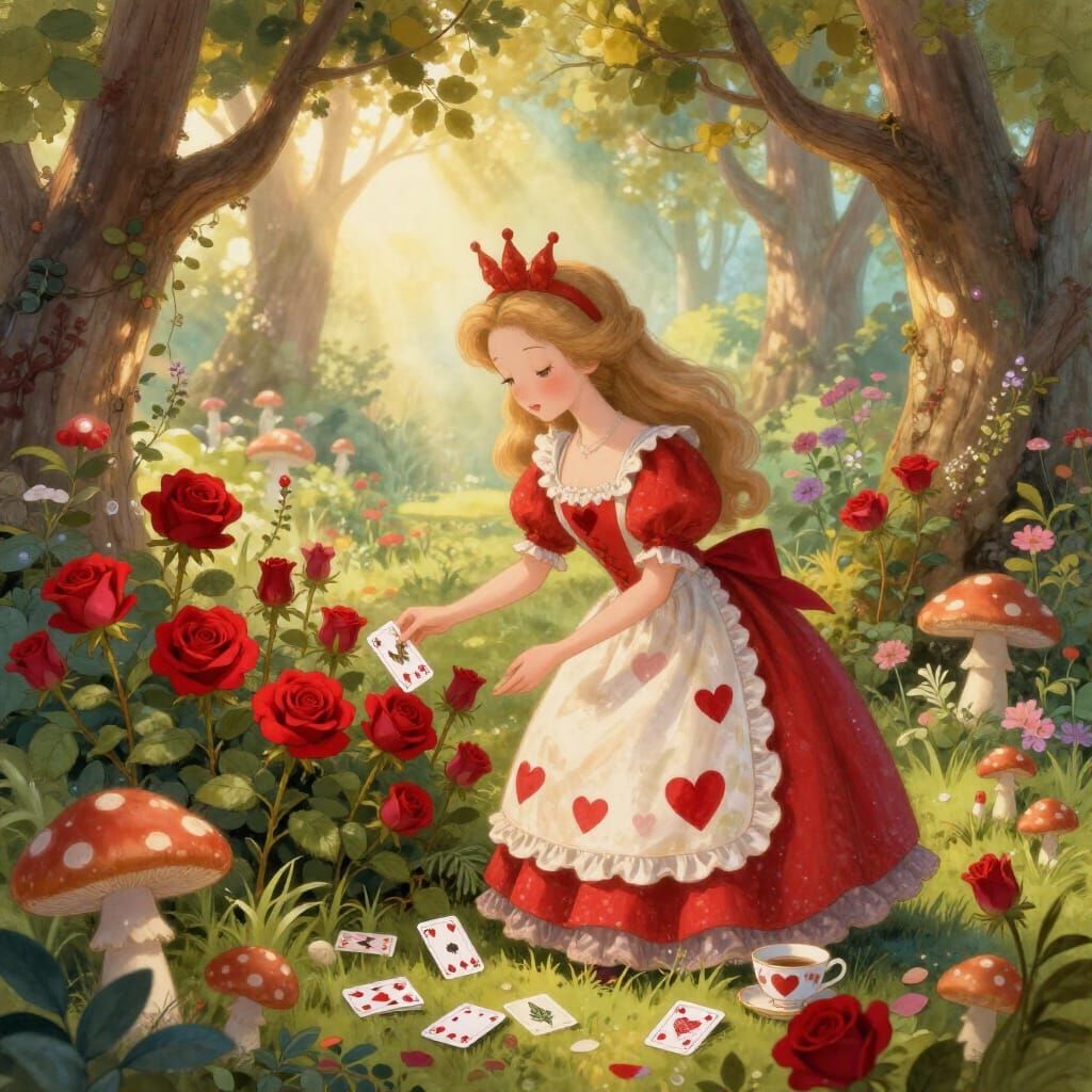 Whimsical Cottagecore Queen of Hearts Tending Rose Garden