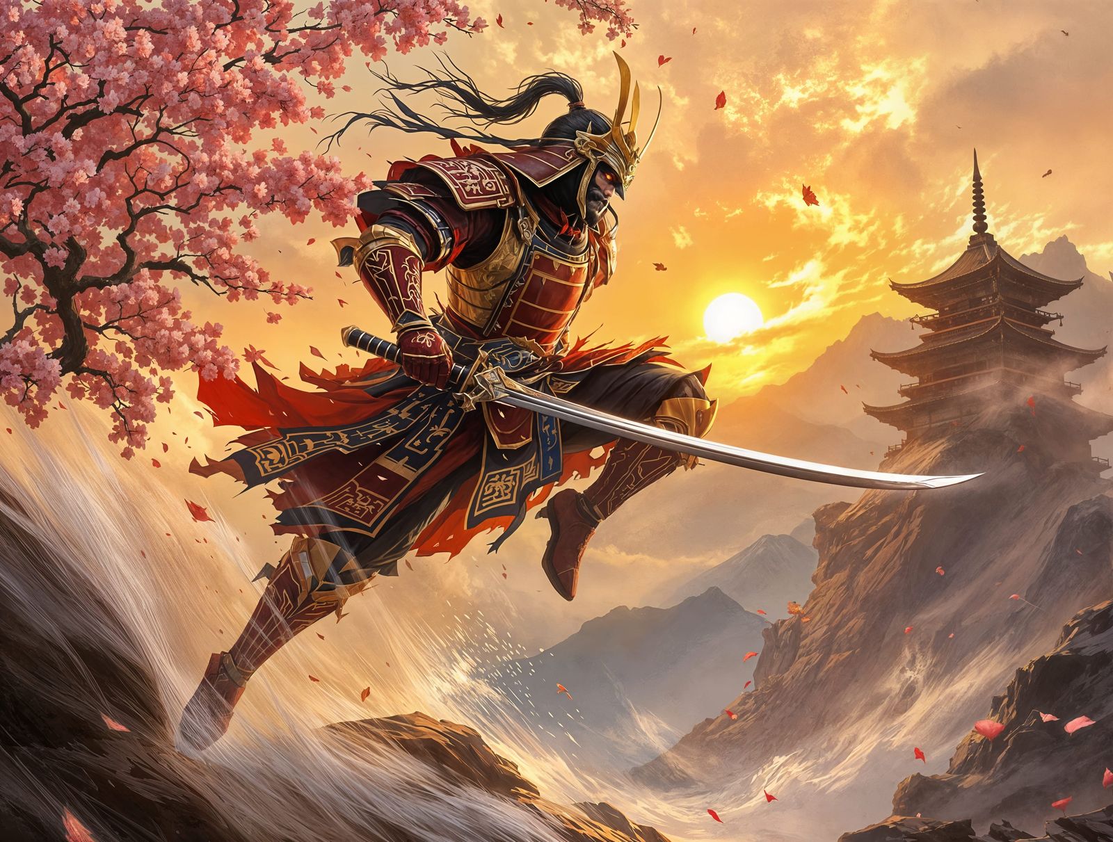 Majestic Warrior in Crimson Armor Leaps Against the Sunset
