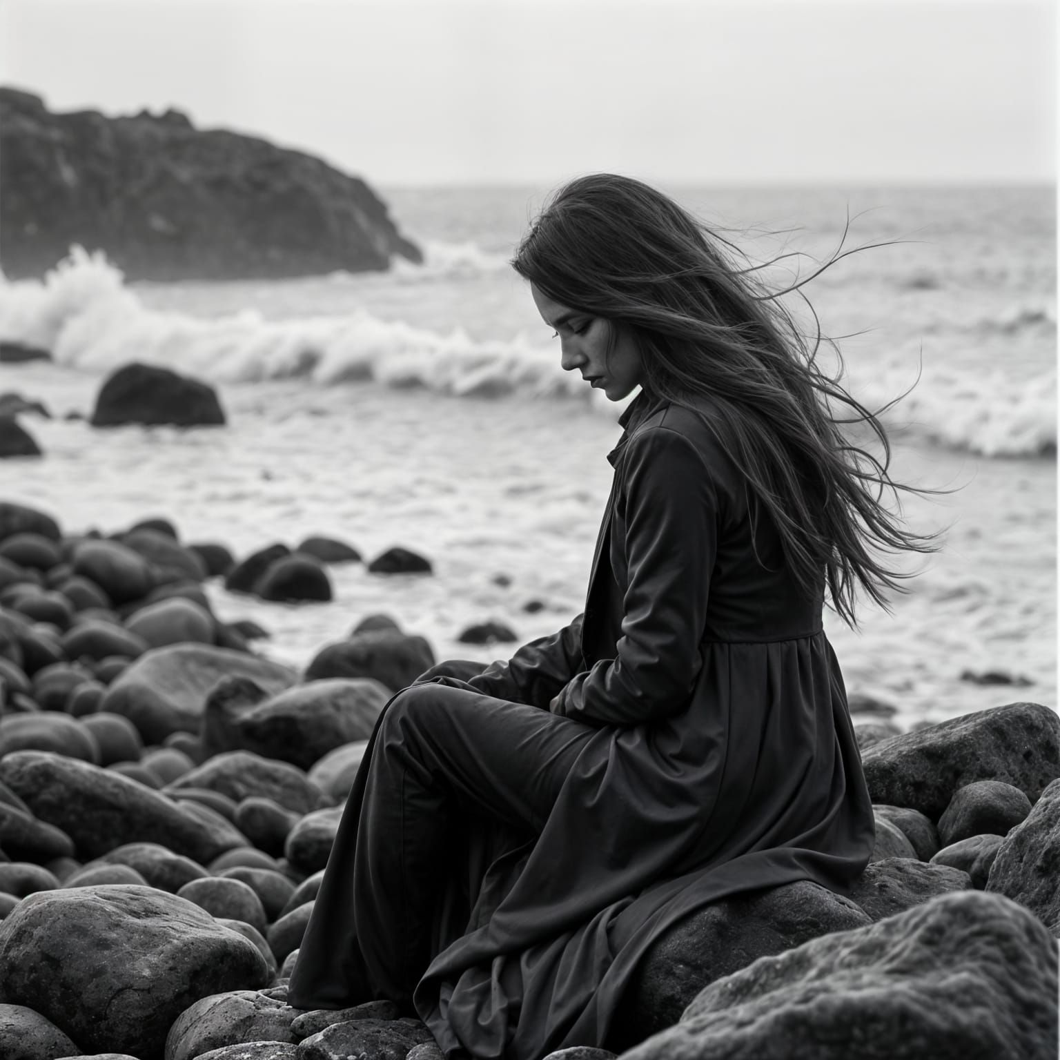 Distressed Woman Alone by the Sea
