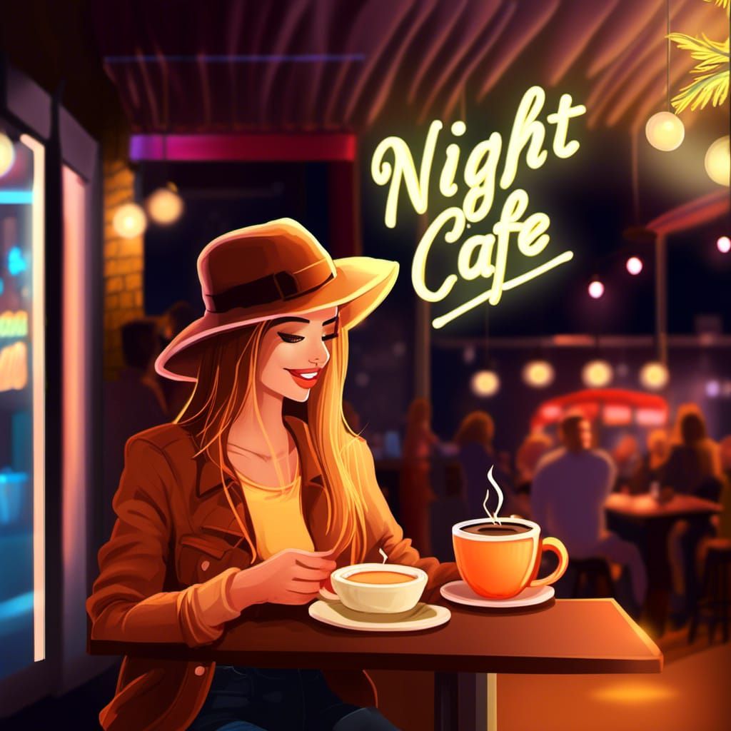 Night Cafe Scene with People in Hats