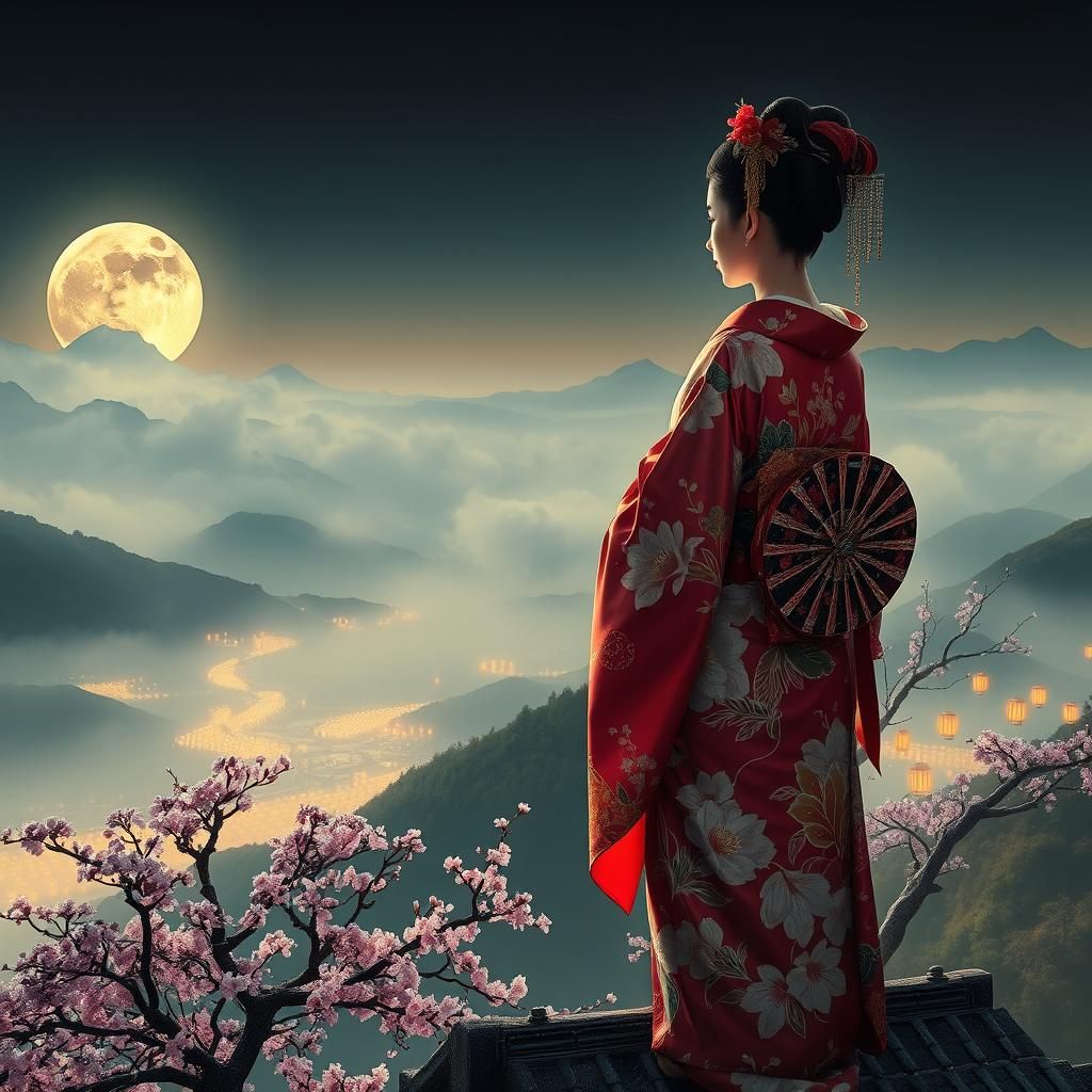 Geisha Overlooks Moonlit Edo Landscape in Digital Art