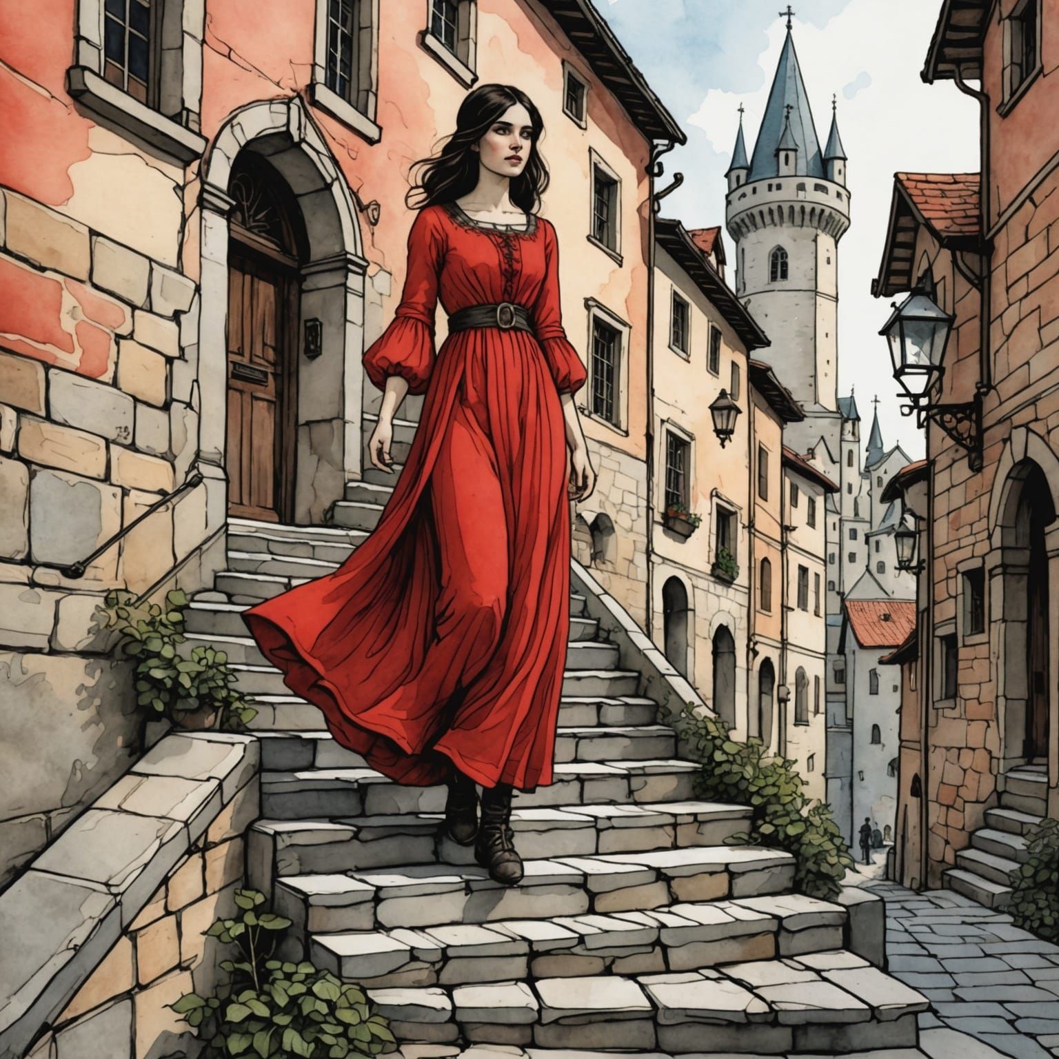 Medieval Girl on Stairs: Storybook Illustration