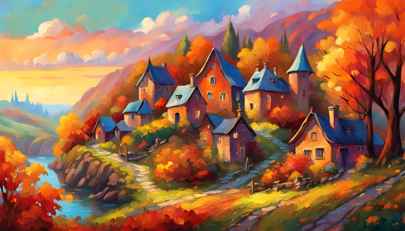 Whimsical Village in Golden Hour Autumn Light