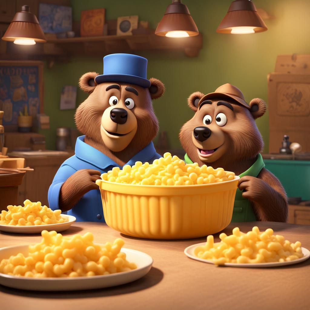 Yogi Bear and Baloo Bear Enjoy Mac and Cheese