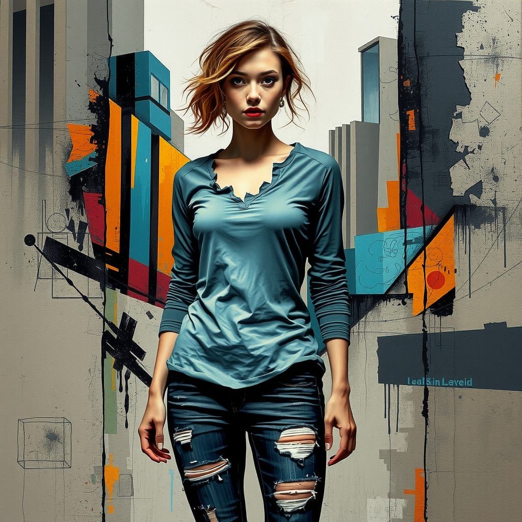 Grunge Cityscape with Fragmented Woman