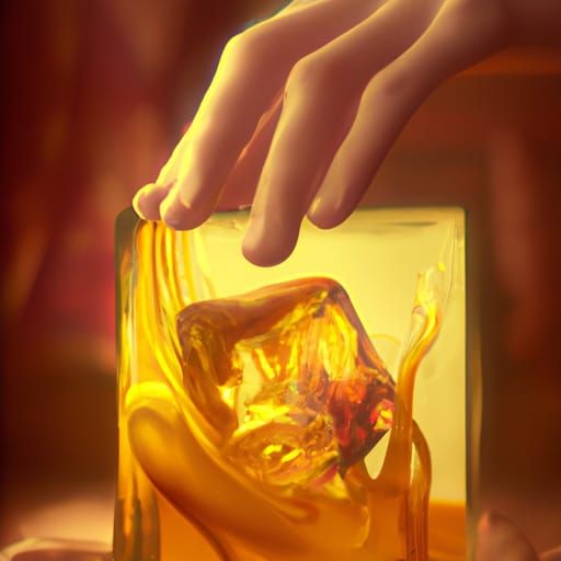 Hand Encased in Melted Amber Cube, Fantasy Art