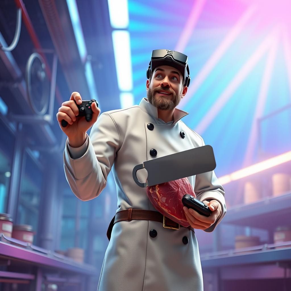 Butcher Gamer in Futuristic Factory: 3D Digital Art