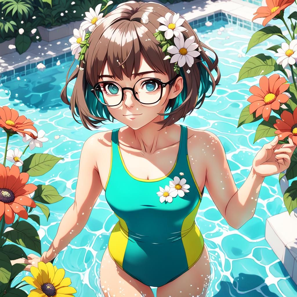 80s Anime Woman with Flowers, Hand-Drawn Style