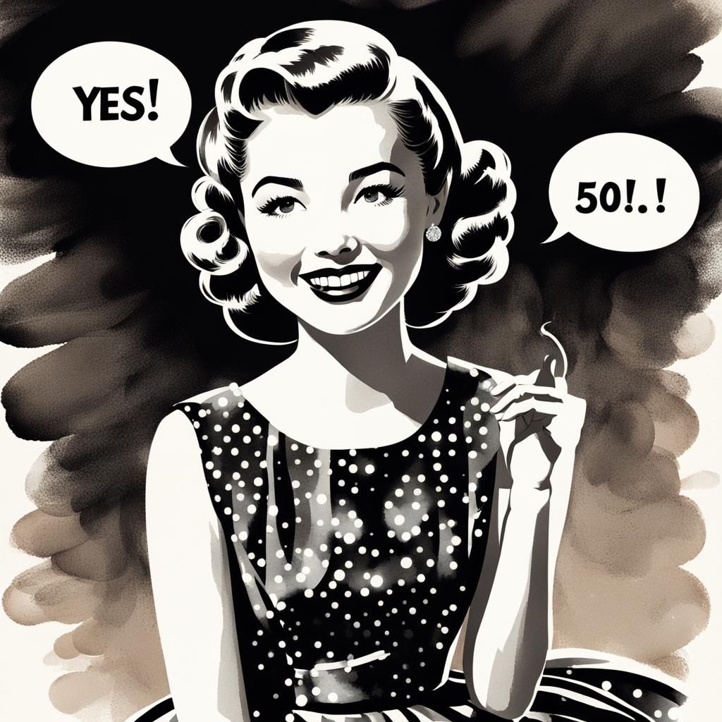 Smiling Girl in 50s Dress with Speech Bubble