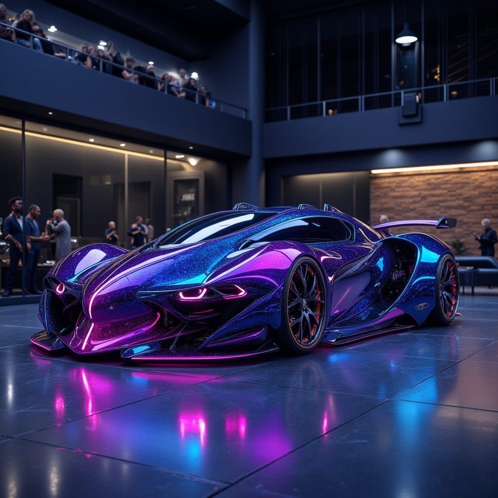 Futuristic Custom Car in Showroom, Syd Mead Style