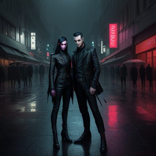Modern Vampires in Moody, Neon-Lit Cityscape
