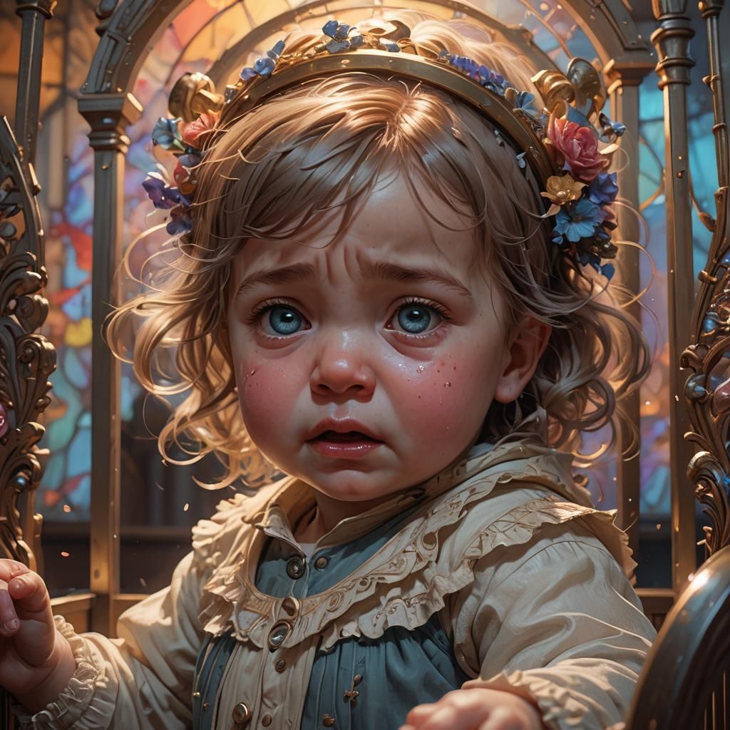 Crying Baby Girl Portrait in Hyperrealistic Graffiti Art