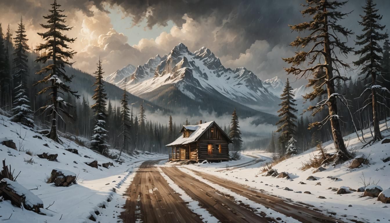 Secluded Cabin in Winter Forest: Atmospheric Landscape Paint...